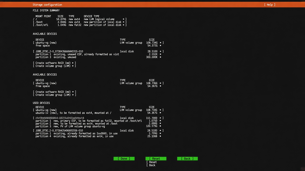 Storage configuration — root LV leaves half the VG free